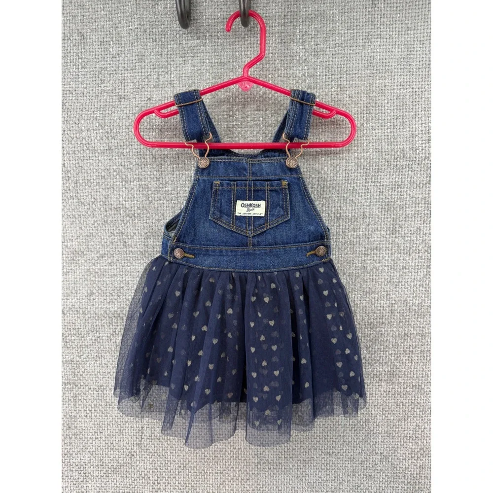 OshKosh Bgosh Vestback Baby Girls Denim Tulle Heart Dress Navy Blue Gold‎ 12M
